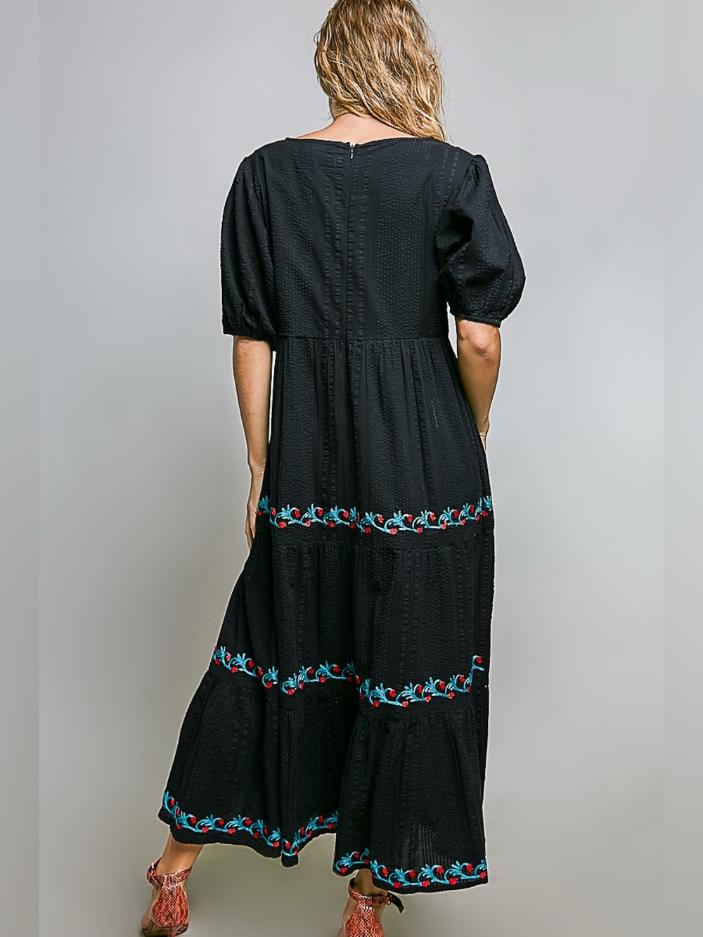 Puffed Sleeves Round Neck Embroidered
Cotton Long Dress - Picture 3 of 5